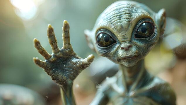 A green alien with big eyes waves his hand in greeting against a blurry background