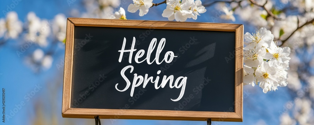 Poster a beautiful spring garden in a blue sky background with the text 