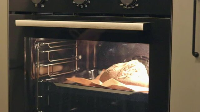 Time lapse of the bread rises in the oven as it bakes. Food