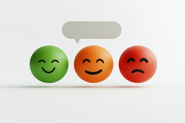 Fototapeta premium Minimalist illustration of green, orange, and red emoji faces representing feedback or sentiment analysis