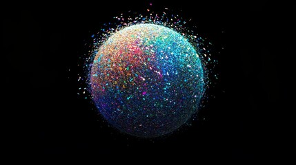 Colorful particles forming a vivid sphere with blue hues, ideal for tech presentations 
