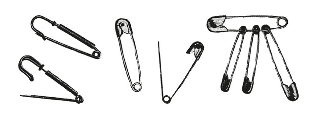 Halftone stipple elements set. Safety pins set with grunge dotted texture for y2k collage design, punk symbol. Retro photocopy vector illustration isolated on transparent background