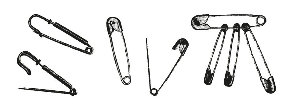 Halftone stipple elements set. Safety pins set with grunge dotted texture for y2k collage design, punk symbol. Retro photocopy vector illustration isolated on transparent background