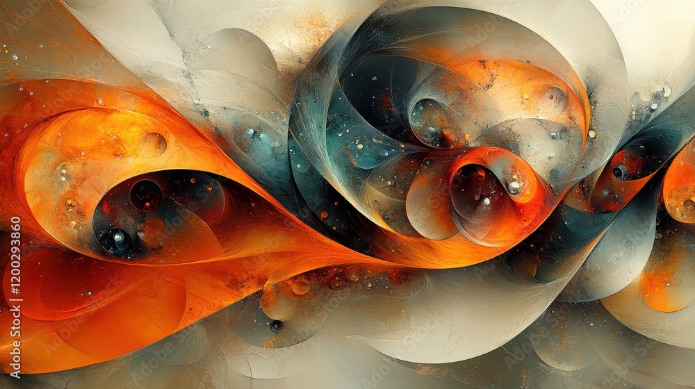 Poster abstract swirling patterns in orange and blue, creating a dynamic visual effect.