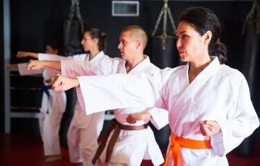 Multiracial group of men and women in kimono standing in row and performing kata in gym during training. © JackF