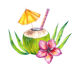 Watercolor coconut hand drawn nut cocktail with flowers and leaves. Coconut illustration for packaging, textile, bird design etc. Coconut fruit isolated on white. Tropical illustration