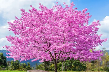 Obraz premium A garden walkway adorned with beautiful, fully blooming sakura trees painted in vibrant pink against a sunny spring day backdrop in Taiwan
