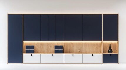 A modular wall unit in navy blue and oak, with closed doors, small storage cubes, and a solid off-white base
