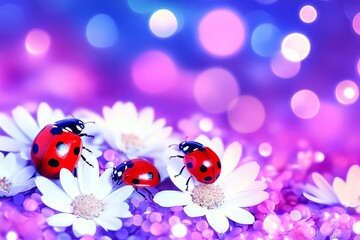 A picturesque natural setting with tiny red ladybugs fluttering and clambering over delicate spring lilac blossoms as the evening falls