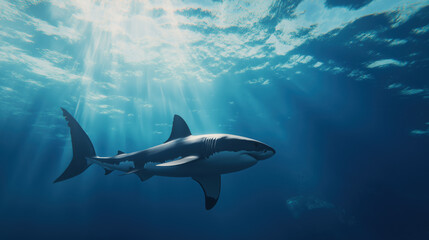 Fototapeta premium A great white shark glides through clear blue ocean water, captured from a low angle. ideal for marine life blogs, educational materials, or underwater photos.
