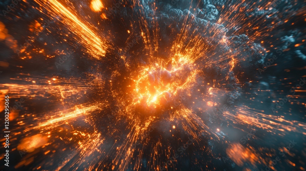 Poster futuristic data explosion with glowing rays for sci-fi or high-speed travel themes