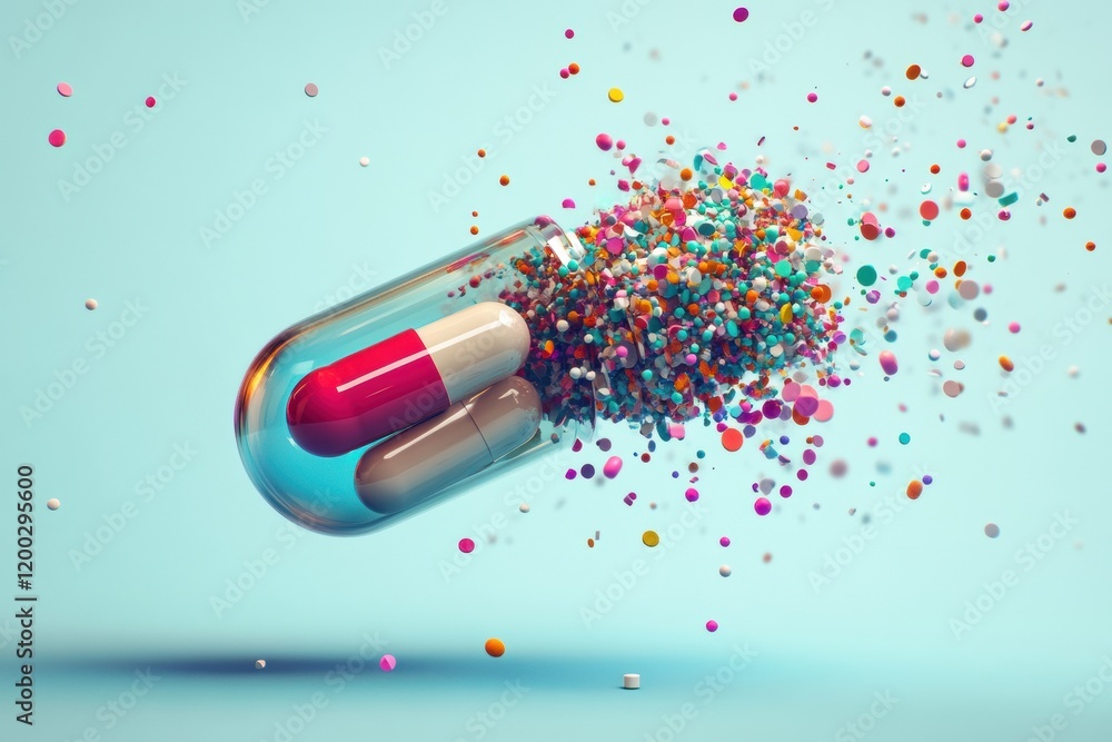 Poster colorful particles spilling from a split capsule in a dynamic, creative representation of nutrition 