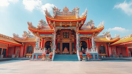 Fototapeta premium Vibrant Chinese temple with ornate details under a clear sky.