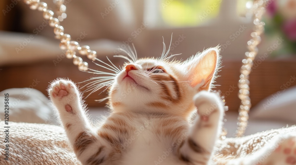Poster Kitten joyfully playing with string in sunny living room during afternoon. Generative AI