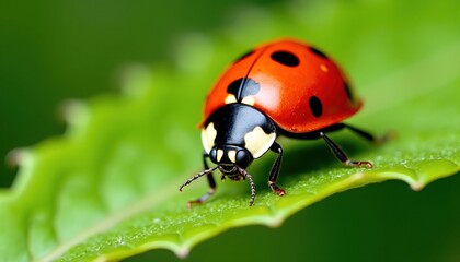 Close-up of a ladybug on a vibrant green leaf.  Its red shell and black spots are clearly visible against the lush foliage.