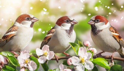 A naturally beautiful background features three small, amusing sparrows perched on a branch adorned with pink buds in a May spring garden