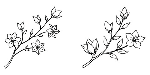 Hand drawn sketch of blooming flowers with leaf line art