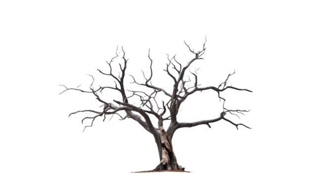 Spooky tree, leafless dead wood isolated on transparent background.

