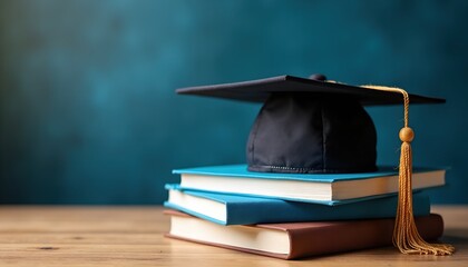 Graduation cap atop a stack of books, symbolizing education and academic achievement. A timeless image representing the culmination of learning and the pursuit of knowledge.