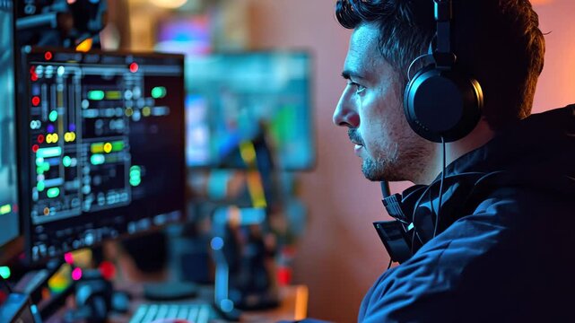 Crew member monitors live feed while managing technical equipment during a TV production in the studio, Crew member working behind the scenes on TV production set