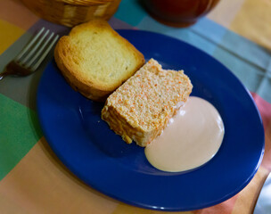 Traditional Asturian cuisine, fish pate with bread and allioli sauce