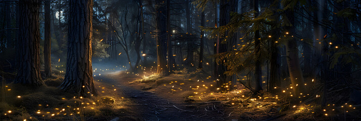 Enchanted Luminescent Path: A Moonlit Forest with Glowing Ethereal Light and Dancing Fireflies
