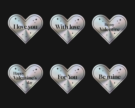 Fototapeta Set of Silver holographic stickers in the shape of a heart. With inscriptions of love for valentine's day. Valentine's Day stickers. Vector illustration EPS10