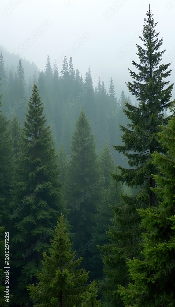 Poster misty mountain forest scene. tall evergreen trees shrouded in fog create a serene and mysterious atm