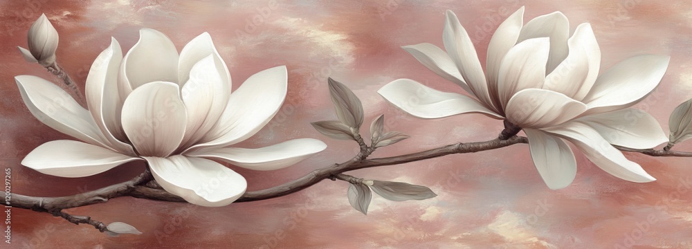 Poster a close-up view of a magnolia tree blooming in the spring against a pastel bokeh backdrop