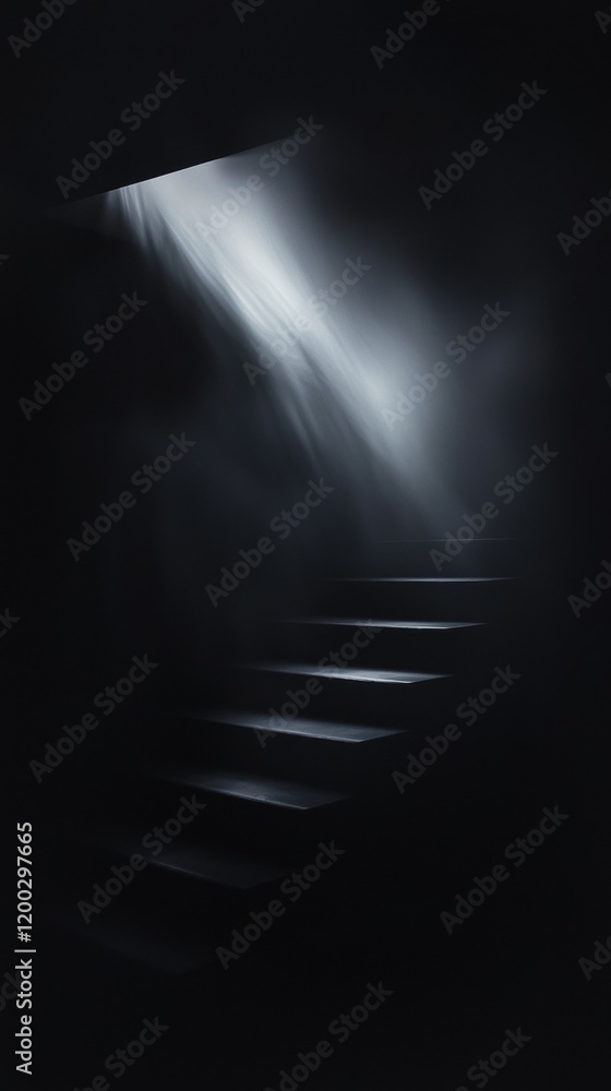 Poster a staircase is shown in a dark room with only a few rays of light shining on it