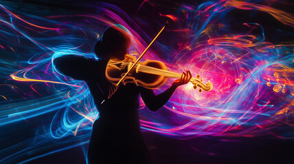 暗闇に浮かぶ光るバイオリンが描く音符の幻想的ライトペインティング
