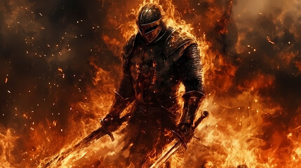 Knight in burning battle: a fantasy illustration. Dark Fantasy Warrior. Illustration