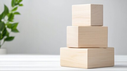 Minimalist Arrangement of Wooden Blocks on a Soft Background with Green Plant Elements for Creative Projects
