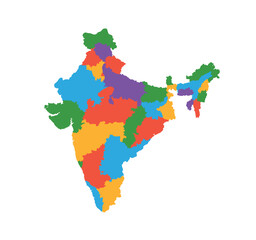Multicolor India map political regions simple flat vector