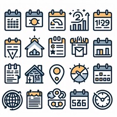 Calendar, agenda, plan editable stroke outline icons set isolated on white background 