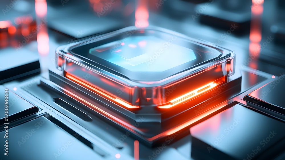 Poster a close-up view of a futuristic microchip with glowing elements, showcasing advanced technology and 