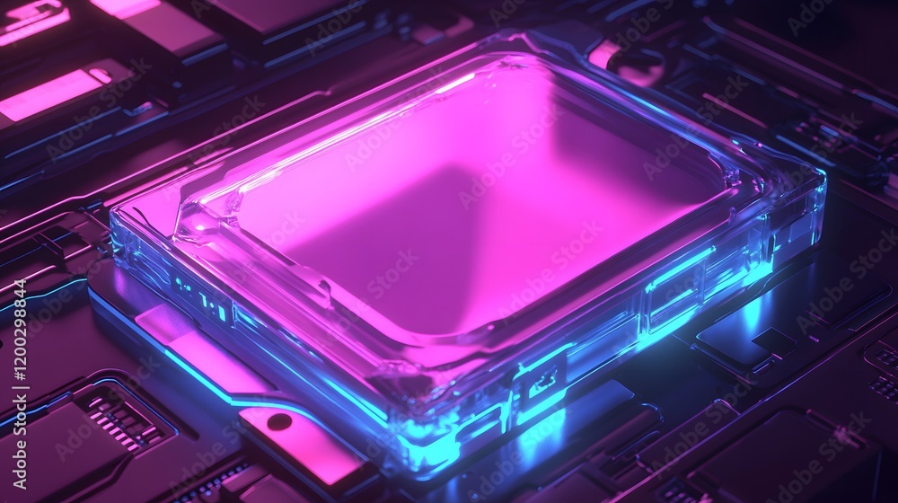 Aufkleber a close-up view of a glowing microchip showcasing a vibrant blue and pink color scheme, highlighting