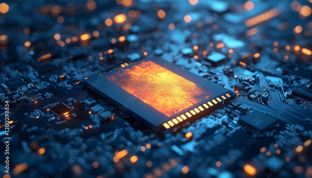 Poster a close-up view of a glowing microchip on a circuit board, highlighting modern technology.