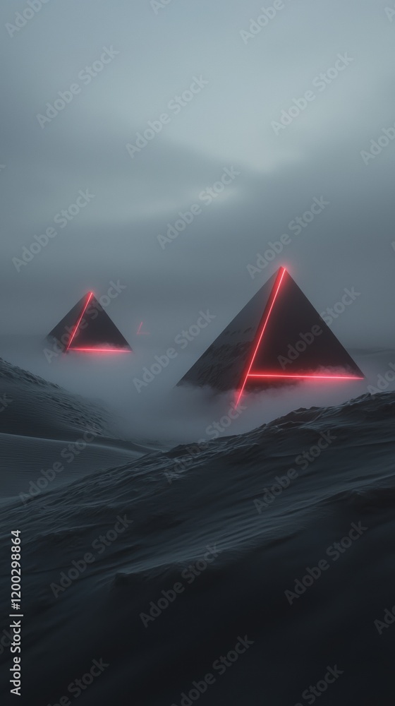 Aufkleber two red pyramids are lit up in the fog