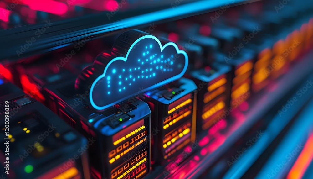 Poster a close-up view of a modern cloud computing server with illuminated indicators, showcasing the intri