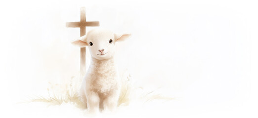 Cute Easter Lamb Sitting Near Cross Watercolor Illustration Banner