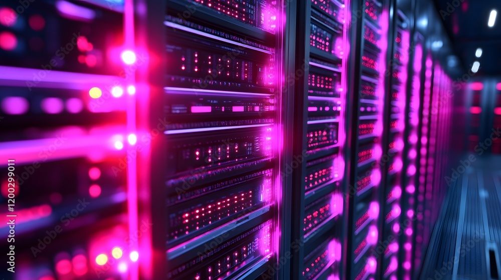 Poster a close-up view of modern data servers illuminated with vibrant pink lights, showcasing the advanced