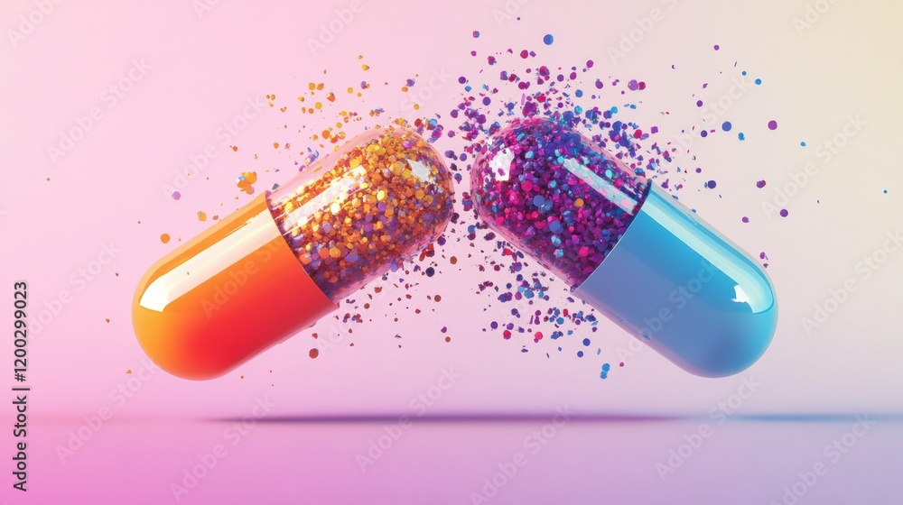 Fototapete colorful particles spill from split capsules in a vibrant and dynamic display of creativity and scie