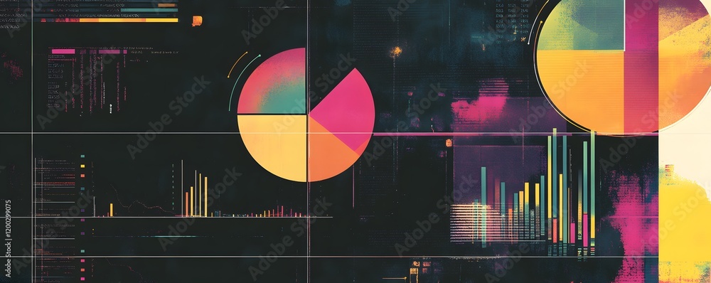 Poster a colorful digital graphic showcasing various data visualizations including pie charts, bar graphs, 