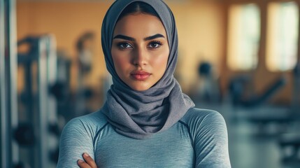 Confident young Middle Eastern woman in athletic wear stands strong in a softly lit gym with bright tones