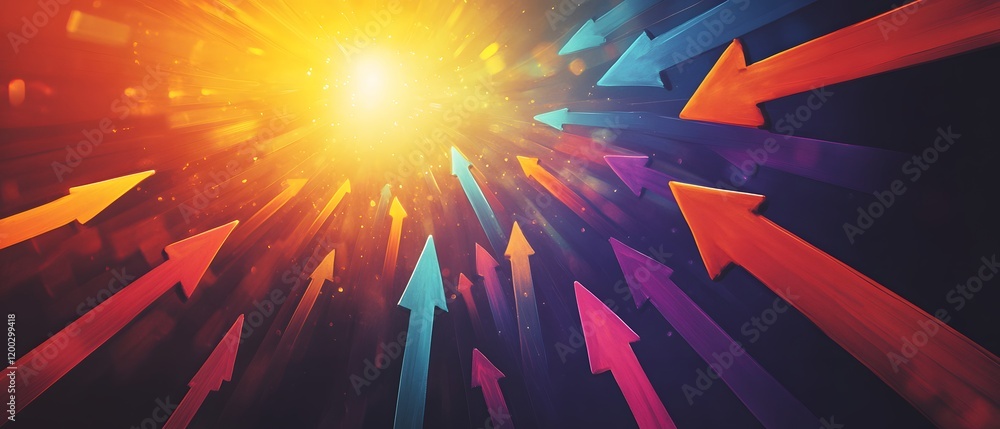 Poster a dynamic burst of colorful arrows representing progress, innovation, and direction set against a da