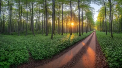 Fototapeta premium Walkway in agreen spring beech forest in Leuven, Belgium. Beautiful natural tunnel. Atmospheric landscape. Eco tourism, travel destinations, environmental conservation, pure nature
