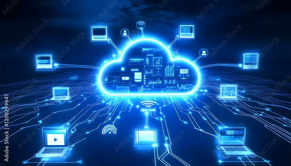 Poster a futuristic cloud computing network illustration, featuring a glowing cloud and interconnected devi