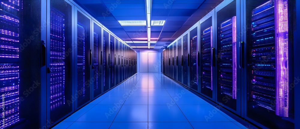 Poster a futuristic data center corridor lined with rows of glowing servers, showcasing advanced technology