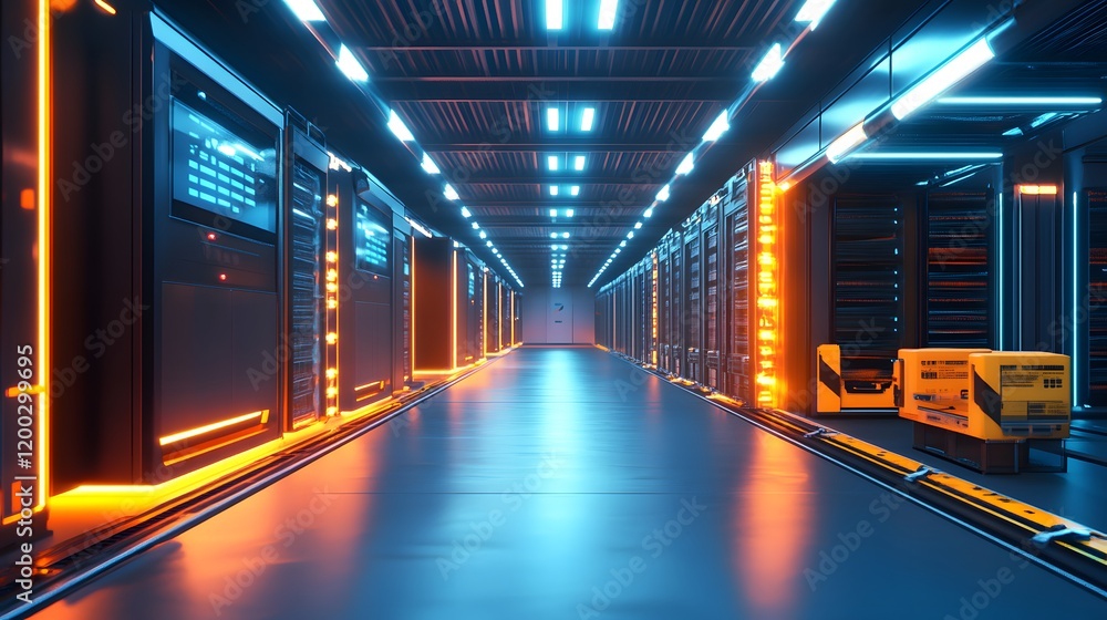 Poster a futuristic data center hallway illuminated with vibrant blue and orange lights, showcasing advance